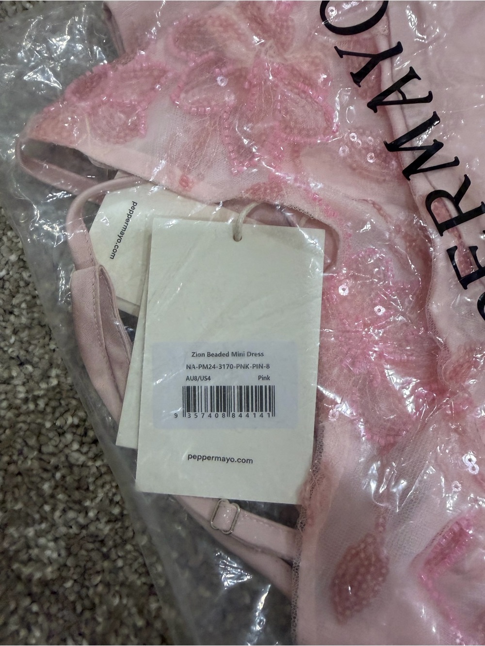 NWT Peppermayo Light Pink Satin Slip Mini Dress with Beaded Trim Size 4 - Picture 3 of 3